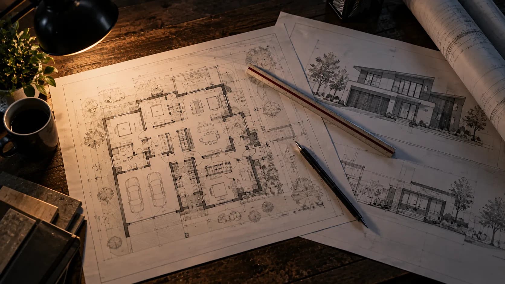 Architectural approval drawings spread across a dark wooden desk, a residential floor plan and elevation with a scale ruler and pencil