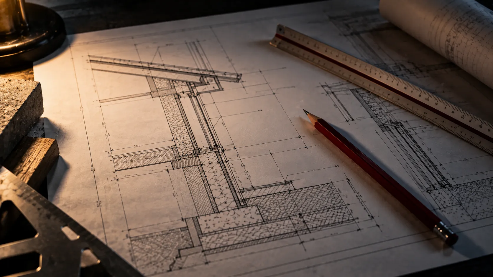 Close-up of a construction drawing on a drafting table showing a wall section detail with hatched materials and dimension lines
