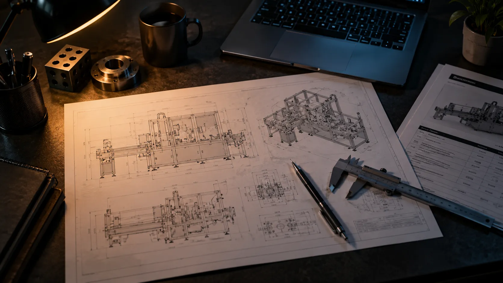 Engineer's desk from above with a printed machine layout drawing, dimension lines, a metal caliper and a mechanical pencil under a warm desk lamp