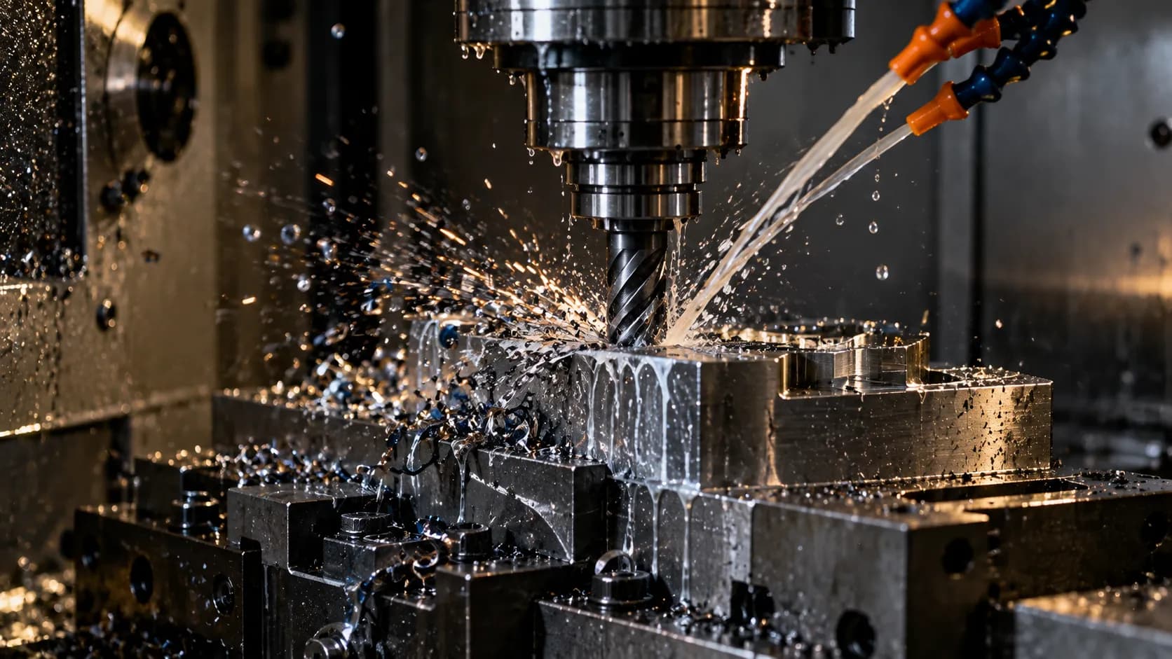 Carbide end mill cutting a steel block on a CNC vertical mill, coolant arcing and metal chips curling away from the cutting edge