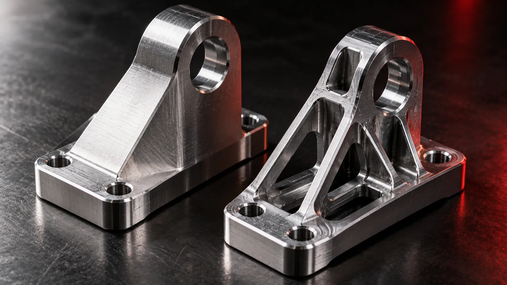 Two precision machined aluminium brackets side by side, one solid and heavy, one lighter with ribbed structure and generous filleted internal corners