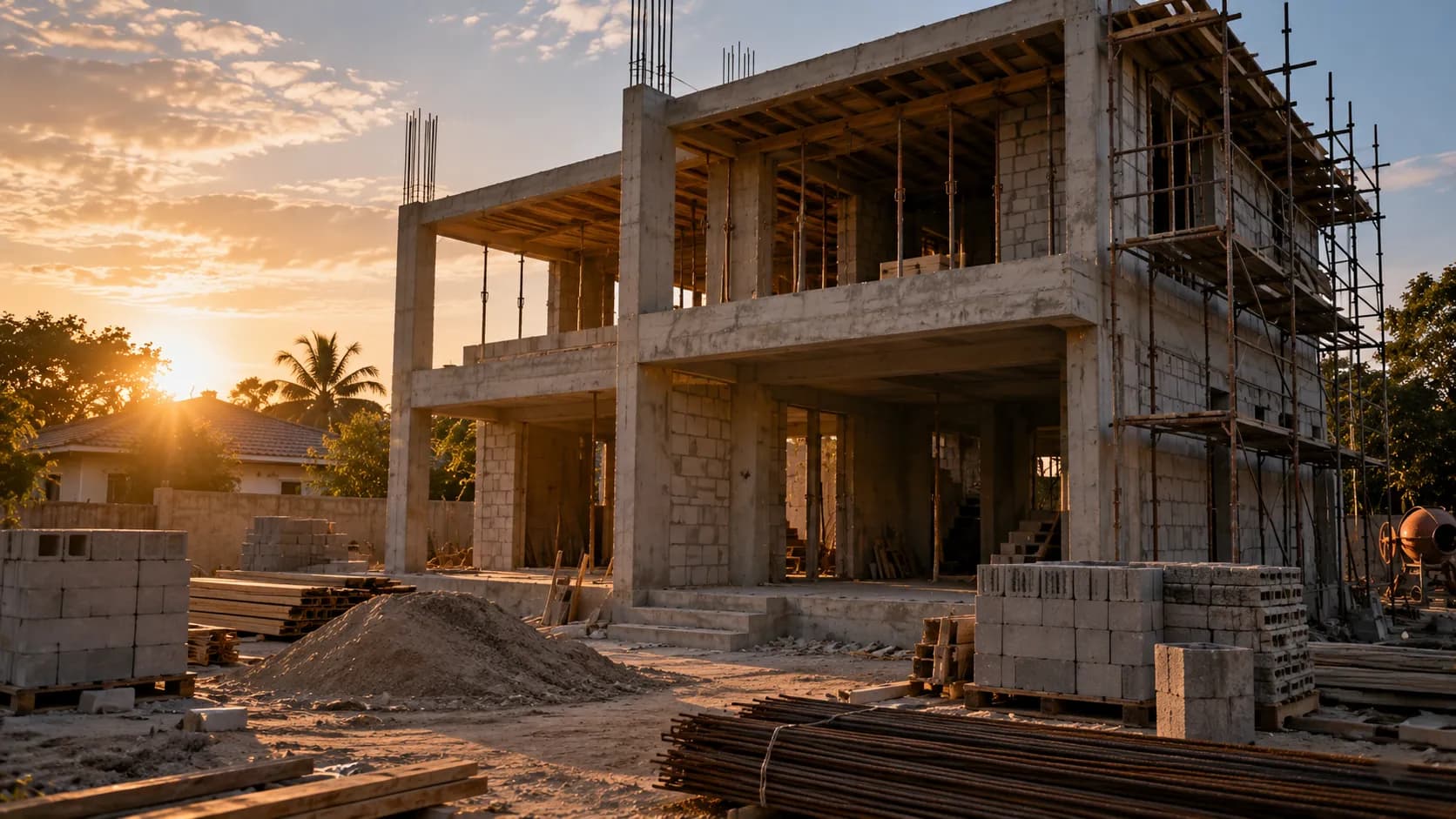 Residential construction site in late afternoon, partially completed concrete and block structure with formwork, reinforcement bar and scaffolding