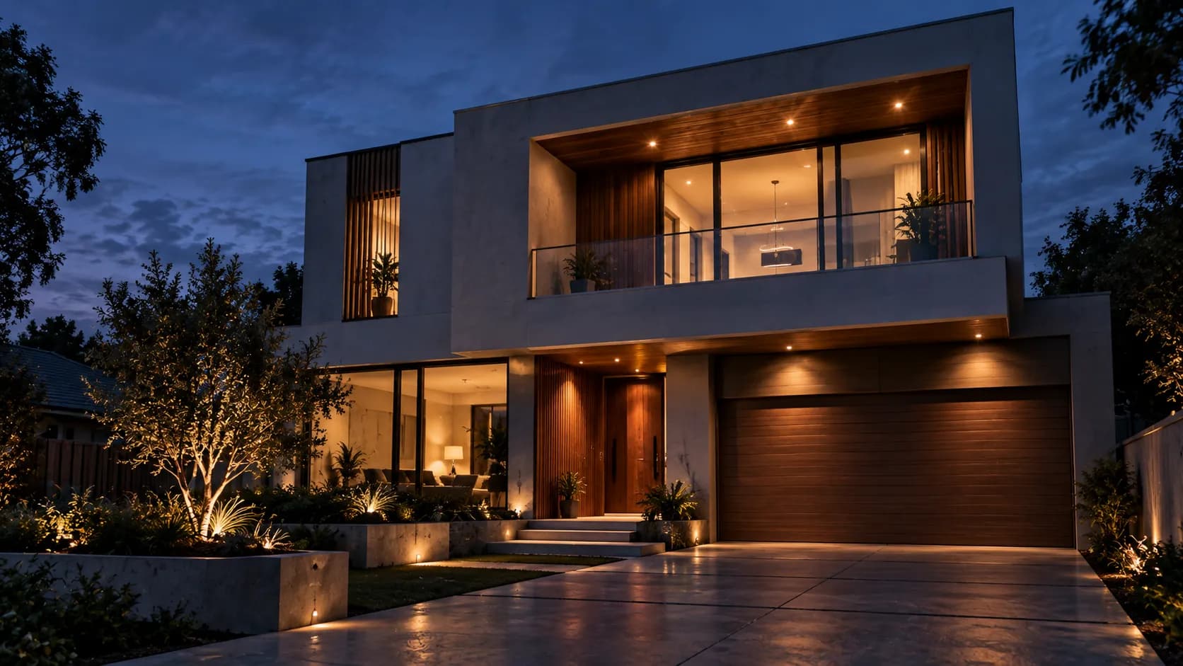 Modern two-storey residential house at dusk, large windows glowing warm against a blue hour sky