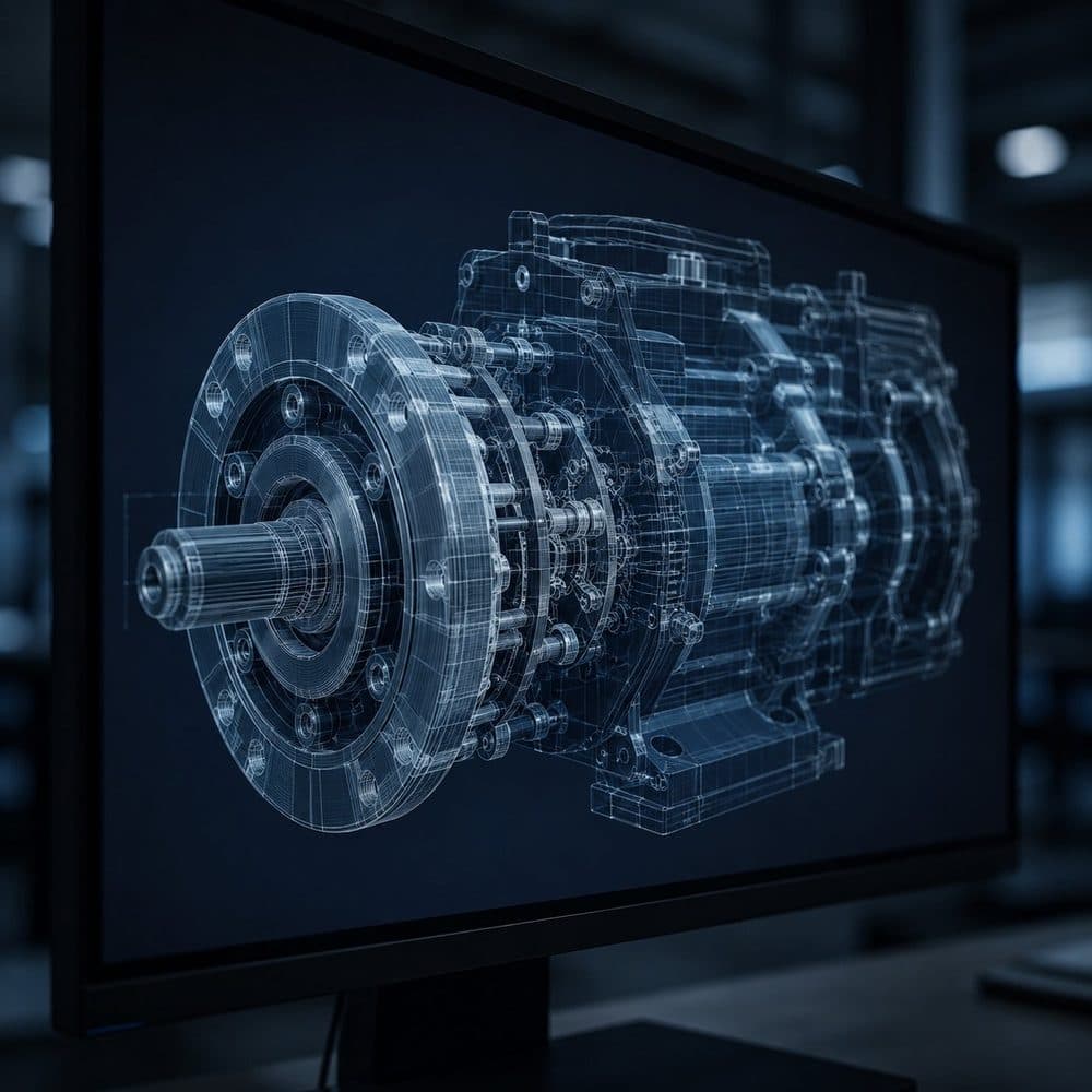 CAD wireframe of a gearbox assembly on screen