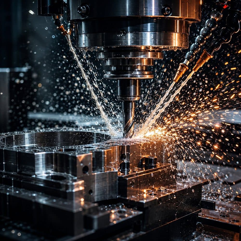 CNC milling with coolant spray on a machined part